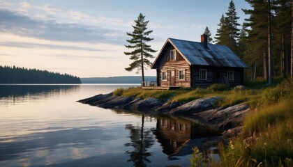 Obraz premium Cozy lakeside wooden cabin at sunset with calm reflection in serene nature landscape