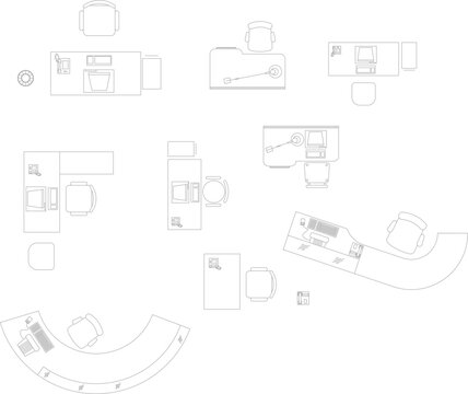 Technical architectural furniture blocks showing various office desks, swivel chairs, computer workstations and reception counters in 2D top-down plan view line drawings