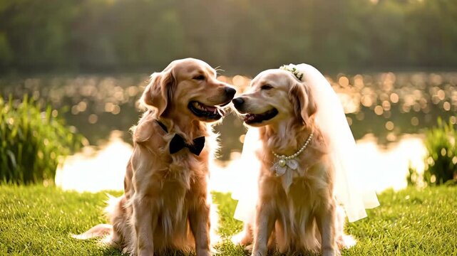 Golden Retriever Couple Dressed for a Wedding, Ready to Celebrate Love Outdoors