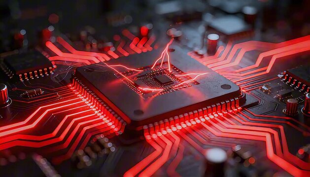 integrated circuit computer chip with glowing red pathways symbolic of electronic warfare hardware backdoor