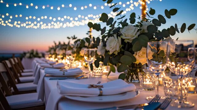 Elegant outdoor wedding reception setup with tables adorned with white roses, candles, and string lights illuminated for a romantic evening celebration