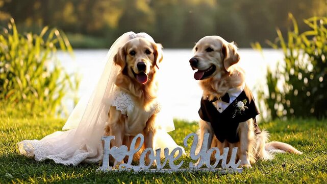 Golden Retriever Couple Celebrating Love in Wedding Attire on a Sunny Day