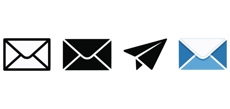 Collection of diverse communication icons featuring various stylized email envelopes and a paper airplane vector graphic elements.