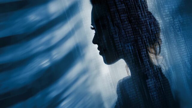 データと一体化する女性のシルエット
