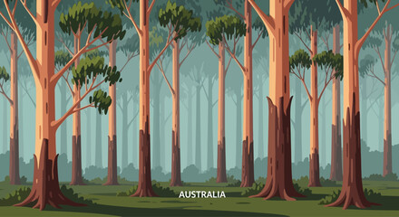 Misty Eucalyptus Forest Landscape, Australia - Stylized Vector Art © Diplomat