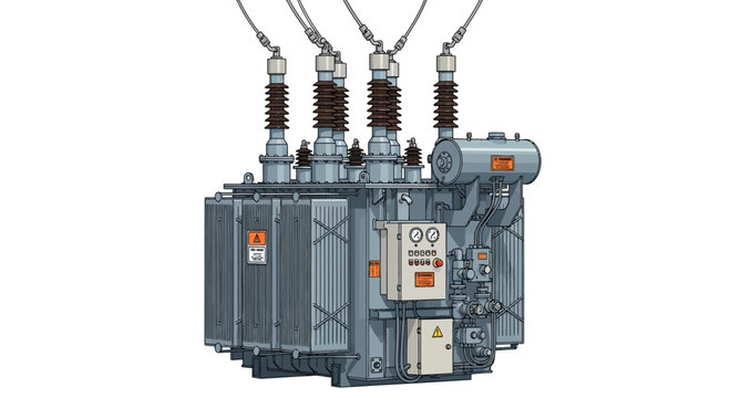 Industrial Power Transformer with Bushings and Control Panel on White Background