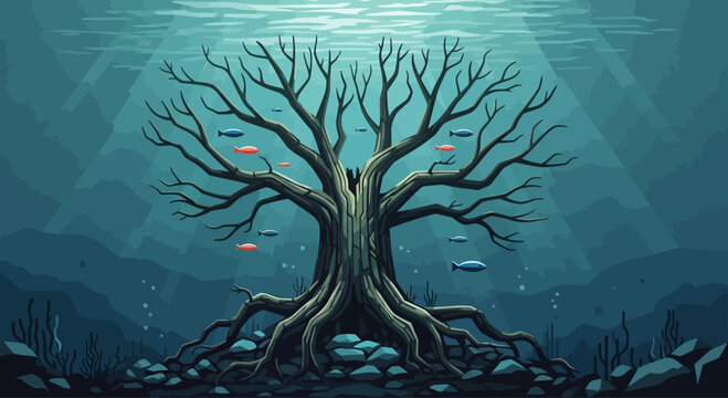 Mysterious underwater ancient tree with schooling fish, surreal deep sea scene