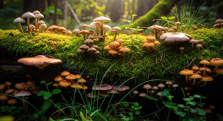 Enchanting forest floor with a lush carpet of moss and a vibrant colony of diverse mushrooms, bathed in ethereal sunlight