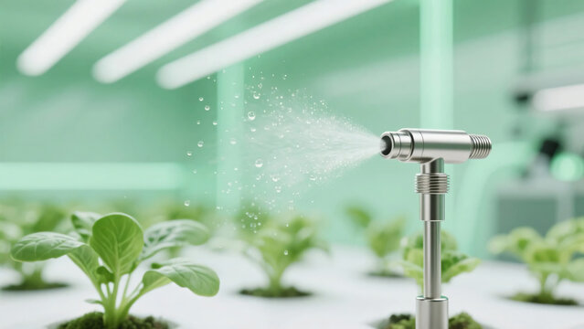 屋内の植物工場でノズルから緑の植物に向けて細かいミストが噴霧されている様子