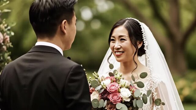 Beautiful Asian bride smiling at her groom during their wedding ceremony with a bouquet of flowers