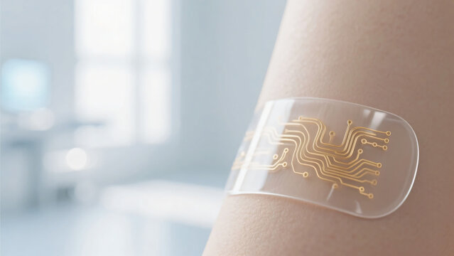 人の腕の皮膚に貼られた金色の電子回路が組み込まれた透明なスマートパッチのクローズアップ画像
