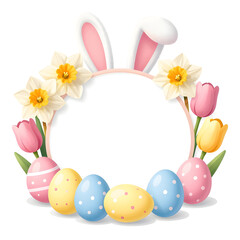 Obraz premium Decorative Easter frame with pastel eggs, flowers and bunny ears, isolated on white background, minimal vector style