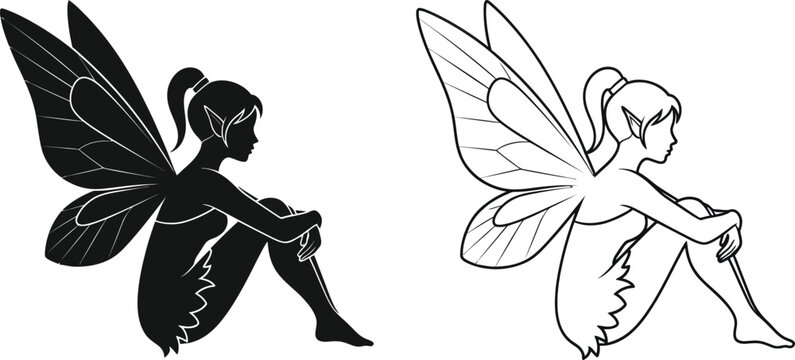 Sitting Fairy Silhouette and Line Art Vector Set Vector