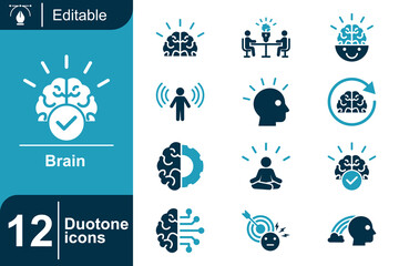 Brain icon set. Cognitive thinking process, mental health awareness, creativity concept, mindfulness meditation, psychology intelligence, neural system and more. Duotone vector icons collection. © dhearr