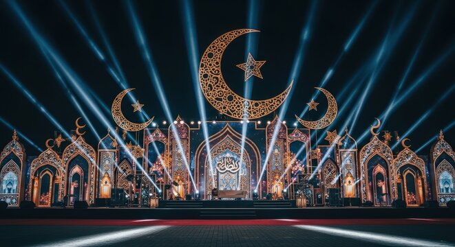 Illuminated stage, crescent moons, stars, geometric designs, spotlights illuminate a nighttime event