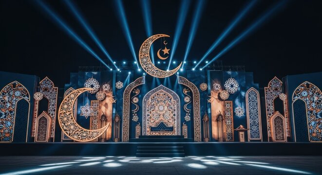 Illuminated stage, crescent moons, stars, and intricate patterns, blue and gold