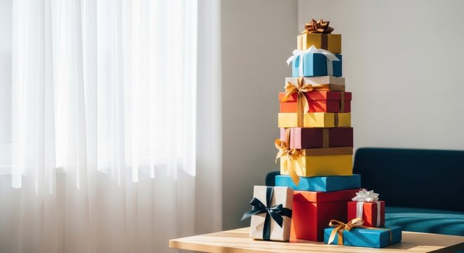 Stacked, colorful wrapped gifts on table near window and couch in home setting