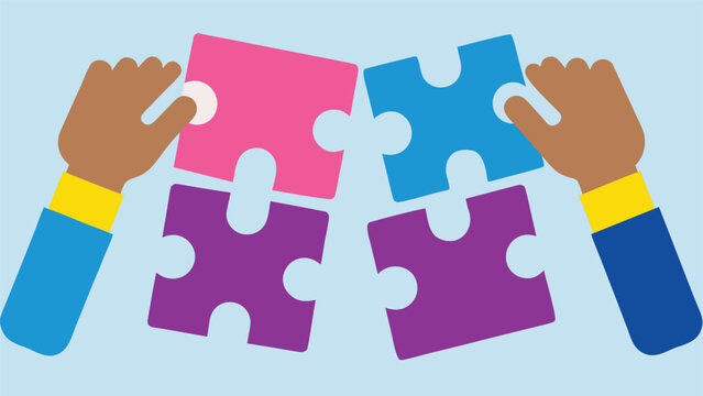 Two pairs of hands with different blue sleeves and yellow cuffs connecting four large colorful puzzle pieces on a light blue background.