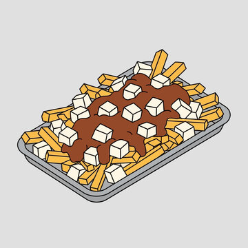 A detailed illustration of a serving of poutine, a Canadian dish with fries, cheese curds, and gravy.