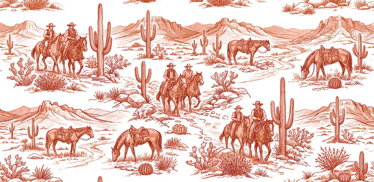 Classic toile seamless pattern of a Western desert. Features cowboys riding horses, majestic saguaro cacti, and rugged mountains, evoking adventure