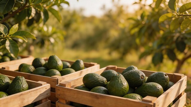 Avocados in wooden crates at orchard