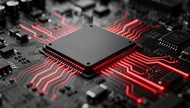 integrated circuit computer chip with glowing red pathways symbolic of electronic warfare hardware backdoor