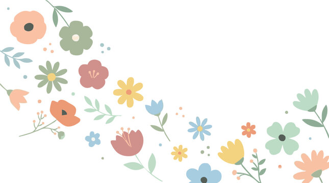 A whimsical illustration of a scattering of colorful, abstract flowers and leaves across a white background, evoking a sense of spring and nature's gentle beauty