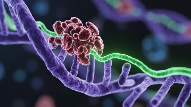 Protein complex bound to purple DNA strand with green RNA