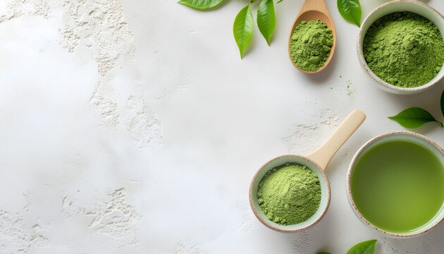 抹茶パウダーと茶葉のフラットレイ　余白のある白背景