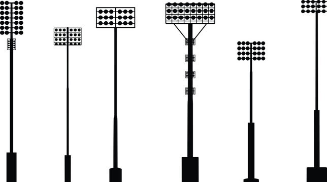 PrintStadium floodlight silhouette, sports field lighting system, outdoor arena illumination, night game visibility, tall pole floodlights, multiple lamp grid design
