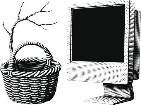 PrintWoven basket illustration, bare tree branch design, retro CRT computer monitor art, halftone texture composition, nature and technology contrast artwork