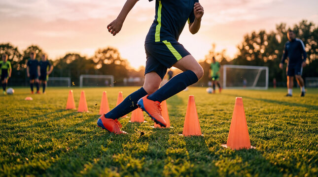 Young soccer player in motion during training session on grassy field at sunset, navigating through orange cones with focus and determination