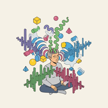 A person meditating with abstract shapes and sound waves emanating from their head, representing thoughts.