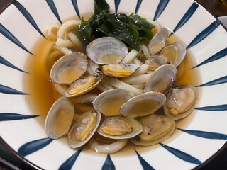 Asari Clam Udon: Famous Japanese comfort food featuring fresh-from-the-sea clams. Japanese food, handmade noodles 