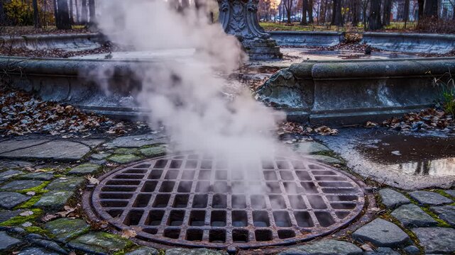 Steam Rises From Grate In Cracked Fountain Area During Autumn