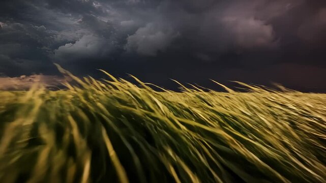 Wheat Field Swaying Under Dark Approaching Storm Clouds