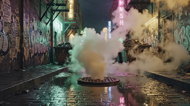 Steam Rising From Sewer Grate In Grungy Neon Alleyway