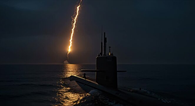 bright emergency flare illuminating hidden submarine sail in dark night sea
