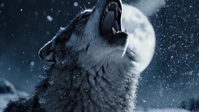 Wolf Howling To The Full Moon In Snowy Night