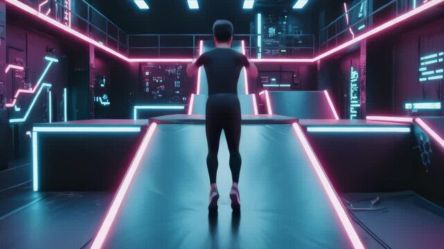 Man Jumps Through Neon Lit Futuristic Urban Parkour Gym