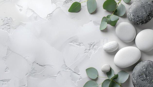 禅の石とユーカリのミニマル背景　白いテクスチャと余白