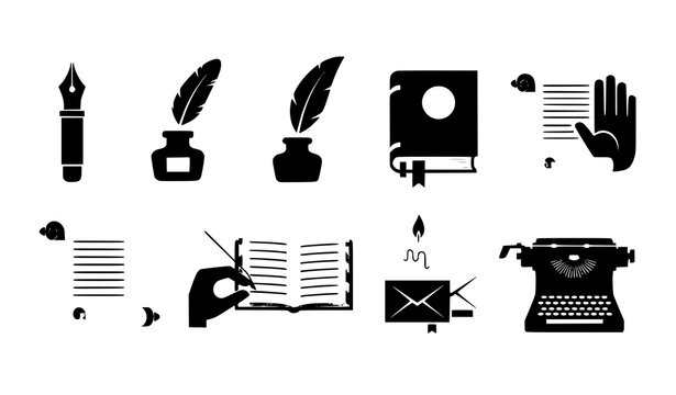 Poetry writing icons collection quill pen ink book literature vector set