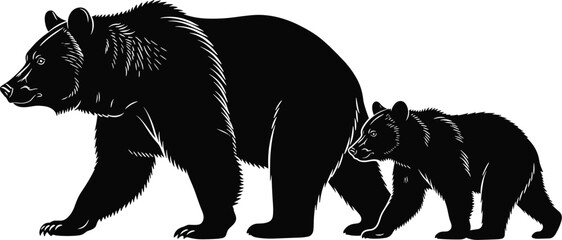 Bear and cub wildlife silhouettes walking together, detailed wild animal illustration, forest nature mammal family black silhouette design © Ja Shofik