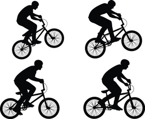 Naklejka premium BMX cycling silhouettes, extreme sport figures, bike stunt illustration, dynamic motion art, black silhouettes design, energetic activity icons, vector bicycle tricks