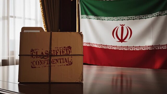 Classified manila folder with leather string on a mahogany desk; national flag of Iran on a ceremonial pole, symbolizing official government authority.