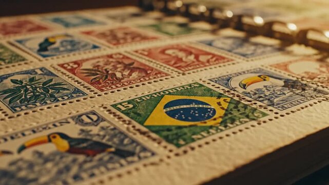Vintage Stamp Collection Album Page with Toucans and Portraits