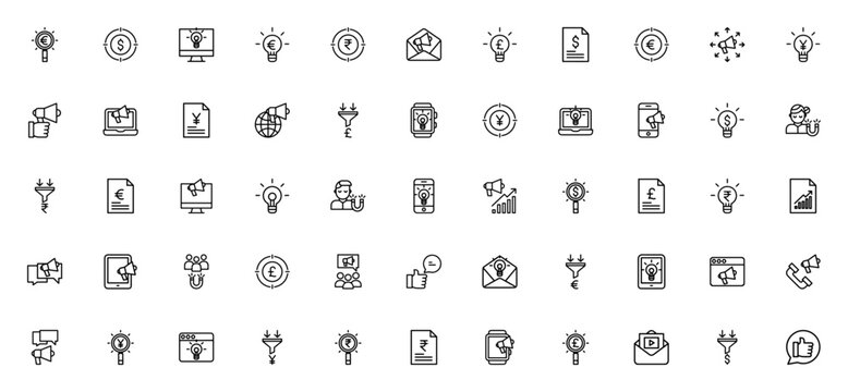Marketing icon set. Vector symbols for Euro, Dollar, Yen, Rupee, Pound, Idea, Megaphone, Funnel, Target, Stats, and more. Editable thin line icons.