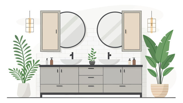 A modern bathroom with a double vanity and two sinks surrounded by plants and mirrors