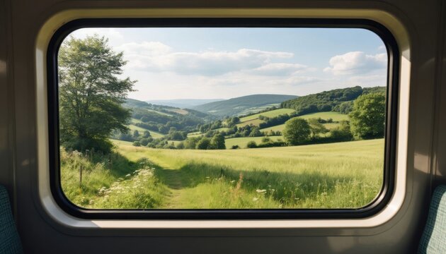 Scenic train window view of lush green countryside landscape with rolling hills and summer fields in bright daylight