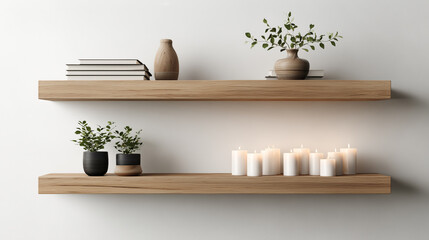 Wooden wall shelf with candle decor in modern interior